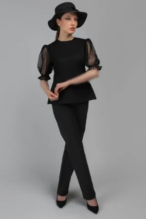 بلوز مشکی مجلسی با آستین‌های توری خال‌دار برند نوادو کد 404012311627