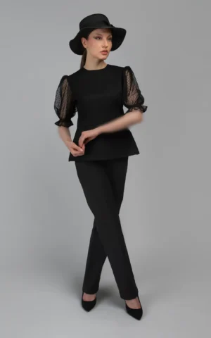 بلوز مشکی مجلسی با آستین‌های توری خال‌دار برند نوادو کد 404012311627