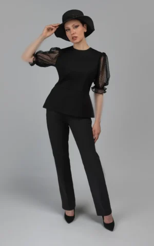 بلوز زنانه مشکی مجلسی آستین توری آستین سه‌ربع پاییز-زمستانه نوادو