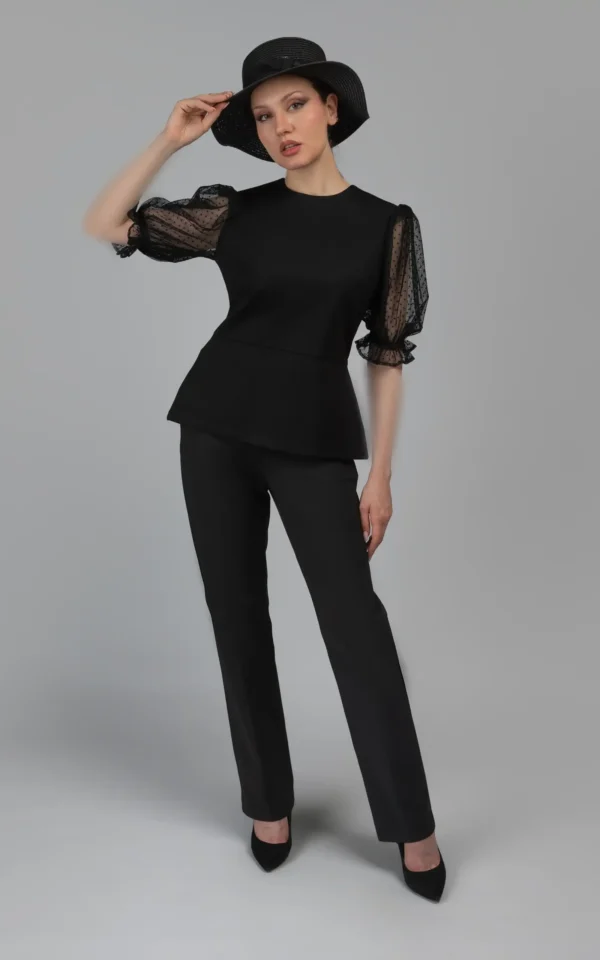 بلوز زنانه مشکی مجلسی آستین توری آستین سه‌ربع پاییز-زمستانه نوادو