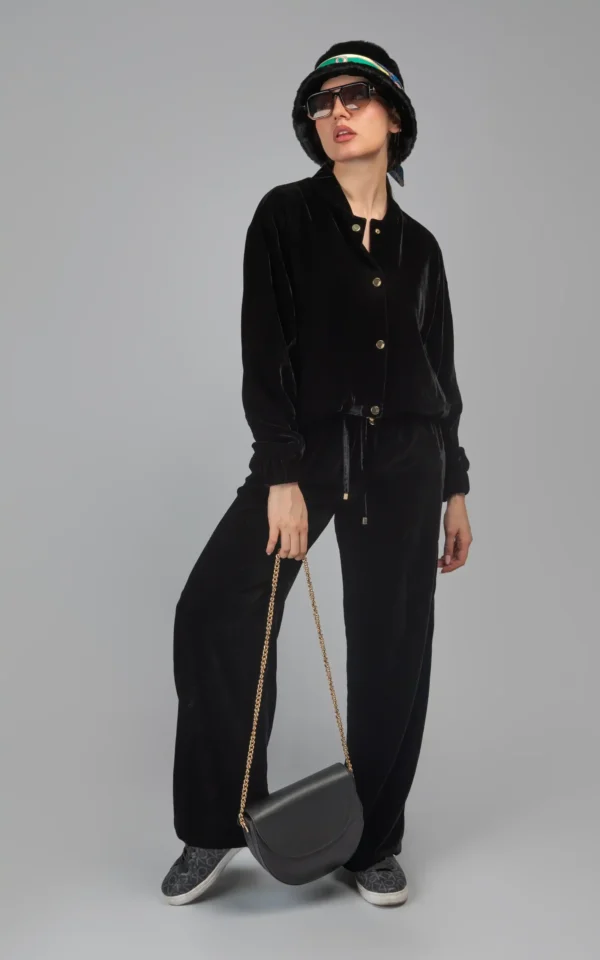 کت زنانه مشکی مخملی دکمه‌دار پاییز-زمستانه شیک نوادو