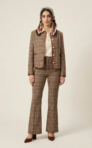 کت زنانه چهارخانه قهوه‌ای با یقه گرد نوادو کد 404013191656 - Image 3