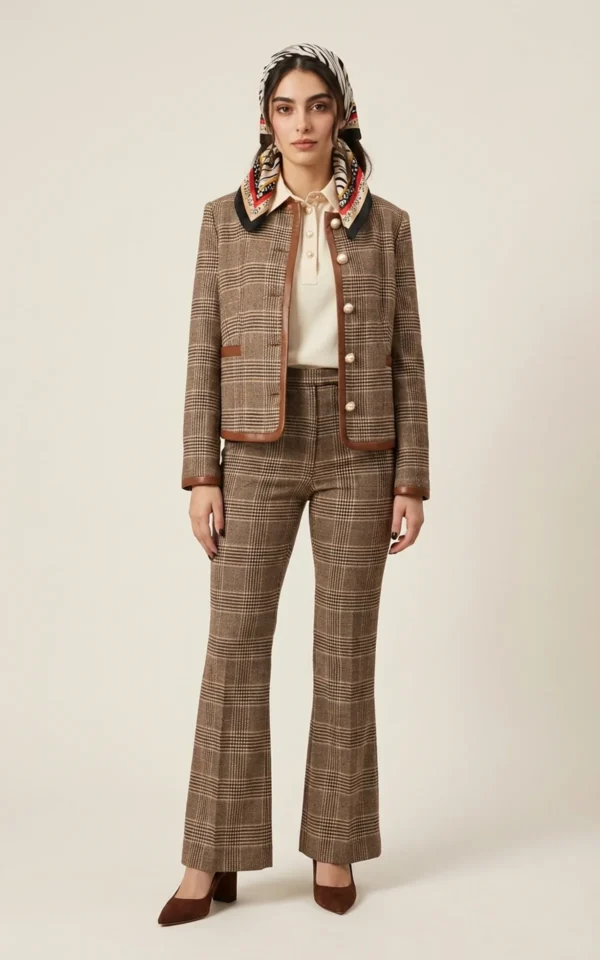 کت زنانه چهارخانه قهوه‌ای با یقه گرد نوادو کد 404013191656 - Image 3