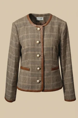 کت زنانه چهارخانه قهوه‌ای با یقه گرد نوادو کد 404013191656