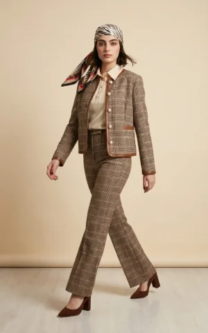 کت زنانه چهارخانه قهوه‌ای با یقه گرد نوادو کد 404013191656 - Image 2