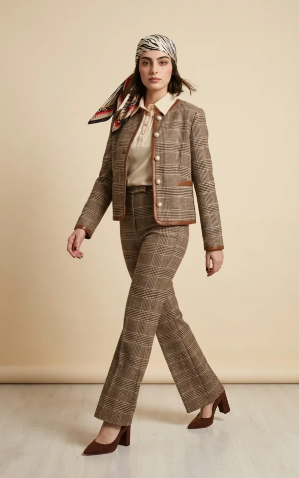 کت زنانه چهارخانه قهوه‌ای با یقه گرد نوادو کد 404013191656 - Image 2