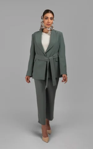 کت زنانه سبز پاییز-زمستانه کمربنددار نوادو