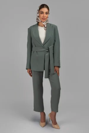 کت زنانه سبز پاییز-زمستانه کمربنددار نوادو