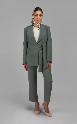 کت زنانه سبز پاییز-زمستانه کمربنددار نوادو