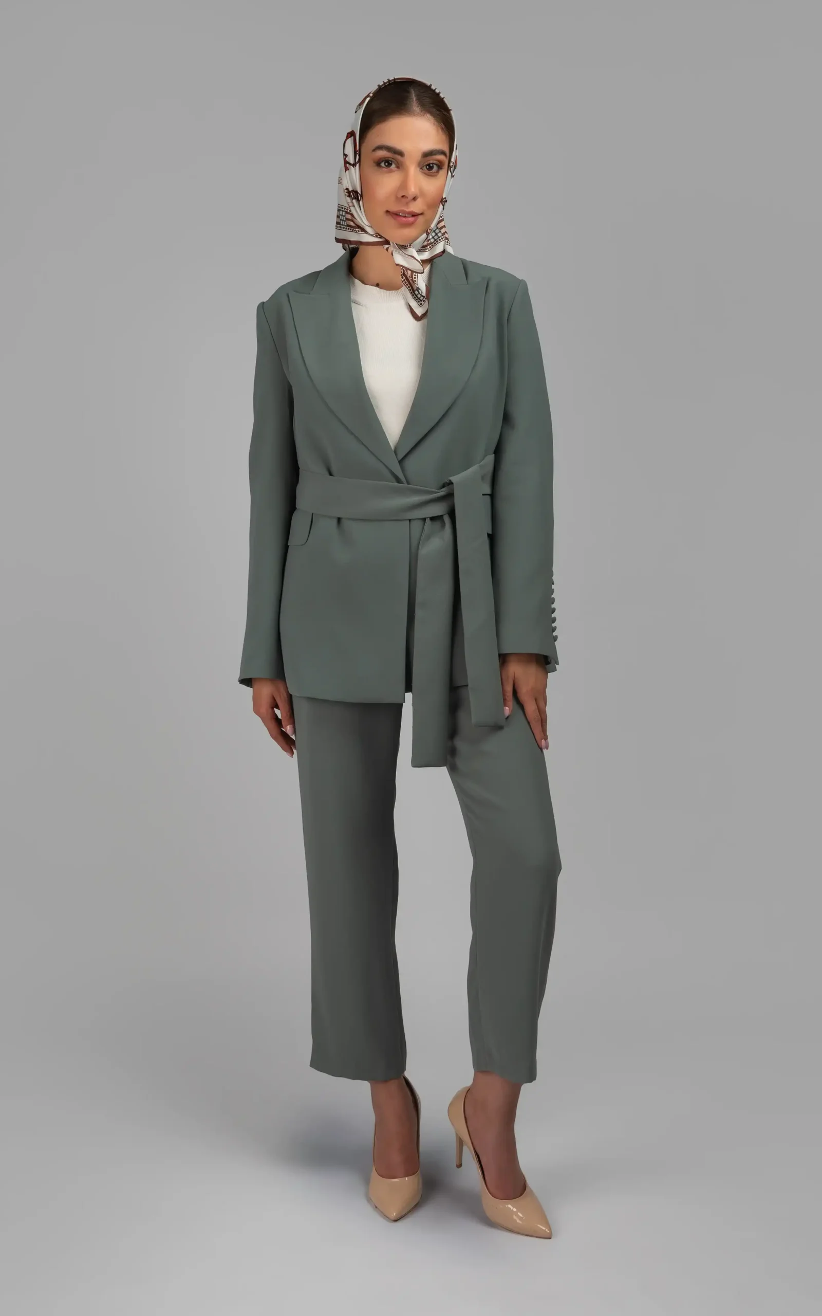 کت زنانه سبز پاییز-زمستانه کمربنددار نوادو