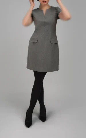 پیراهن کوتاه طوسی رسمی با یقه هفت برش‌دار پاییز-زمستانه نوادو