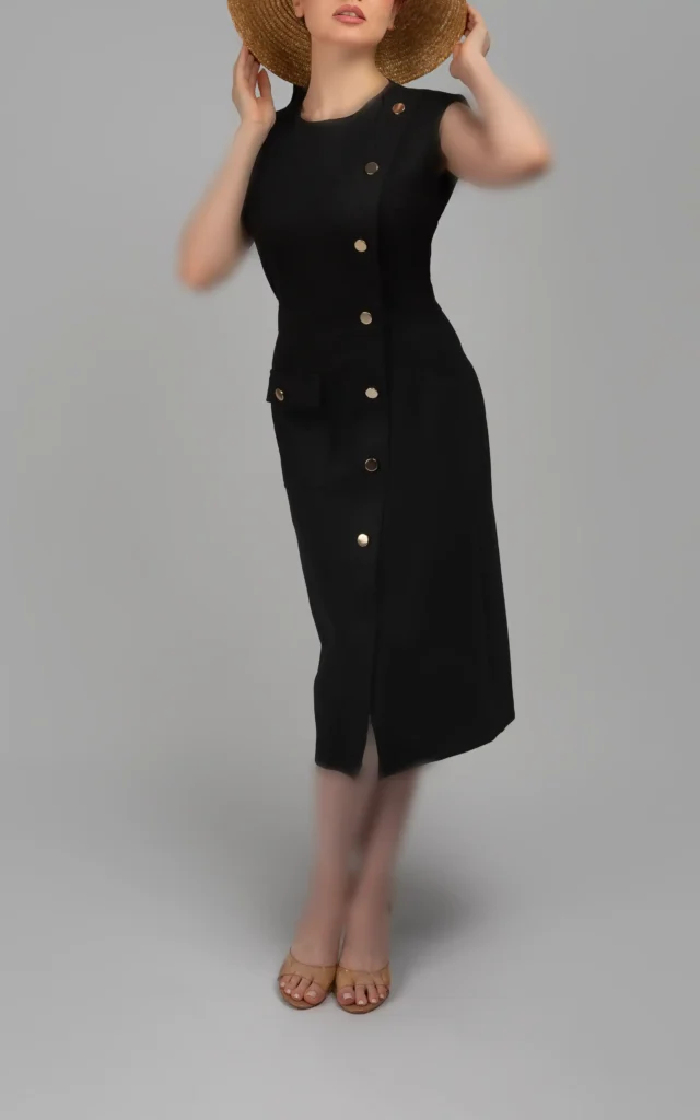 پیراهن مشکی بدون‌آستین با دکمه‌های طلایی و طرح جیب‌دار پاییز-زمستانه نوادو