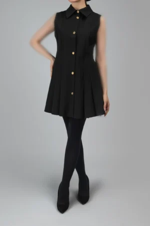 پیراهن مشکی بدون‌آستین دکمه‌دار با یقه برگردان پاییز-زمستانه نوادو