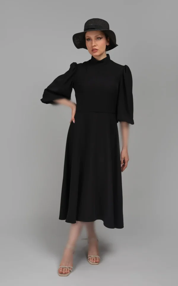 پیراهن زنانه مشکی آستین سه‌ربع پاییز-زمستانه مدل میدی نوادو