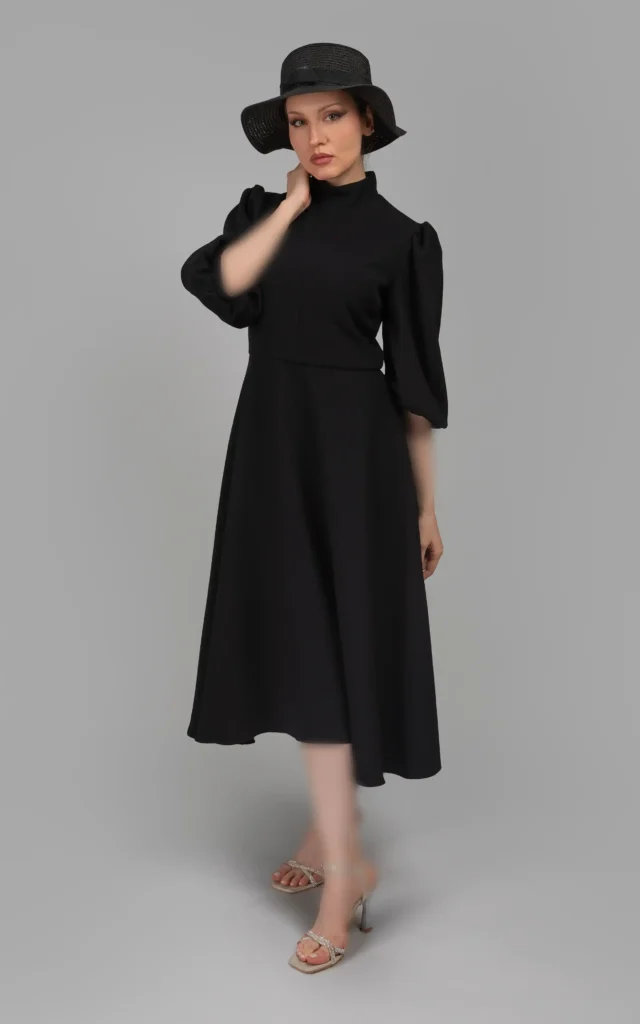 پیراهن زنانه مشکی آستین سه‌ربع پاییز-زمستانه مدل میدی نوادو