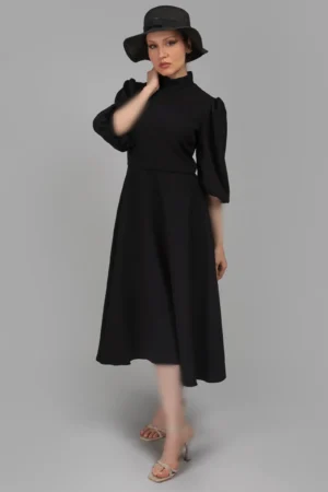 پیراهن زنانه مشکی آستین سه‌ربع پاییز-زمستانه مدل میدی نوادو