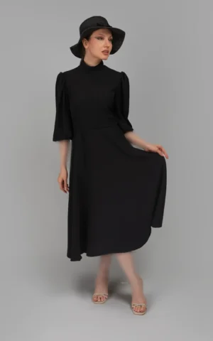 پیراهن زنانه مشکی آستین سه‌ربع پاییز-زمستانه مدل میدی نوادو