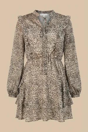 پیراهن زنانه پلنگی کوتاه با دامن و یقه کلوش گره‌دار نوادو کد 404014421731