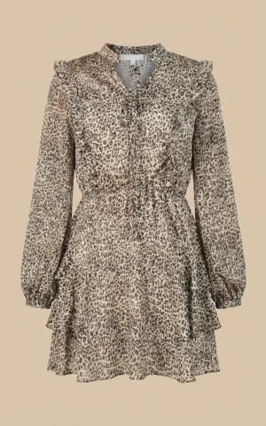 پیراهن زنانه پلنگی کوتاه با دامن و یقه کلوش گره‌دار نوادو کد 404014421731