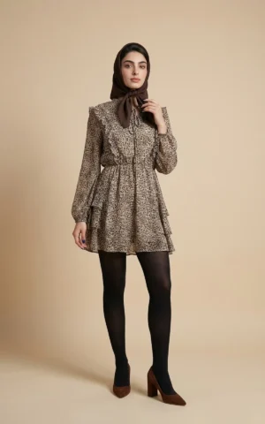 پیراهن زنانه پلنگی کوتاه با دامن و یقه کلوش گره‌دار نوادو کد 404014421731 - Image 2