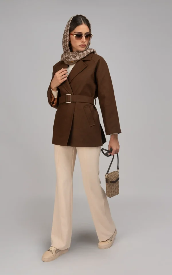 پالتو زنانه قهوه‌ای کمربنددار قهوه‌ای گرم پاییز-زمستانه نوادو