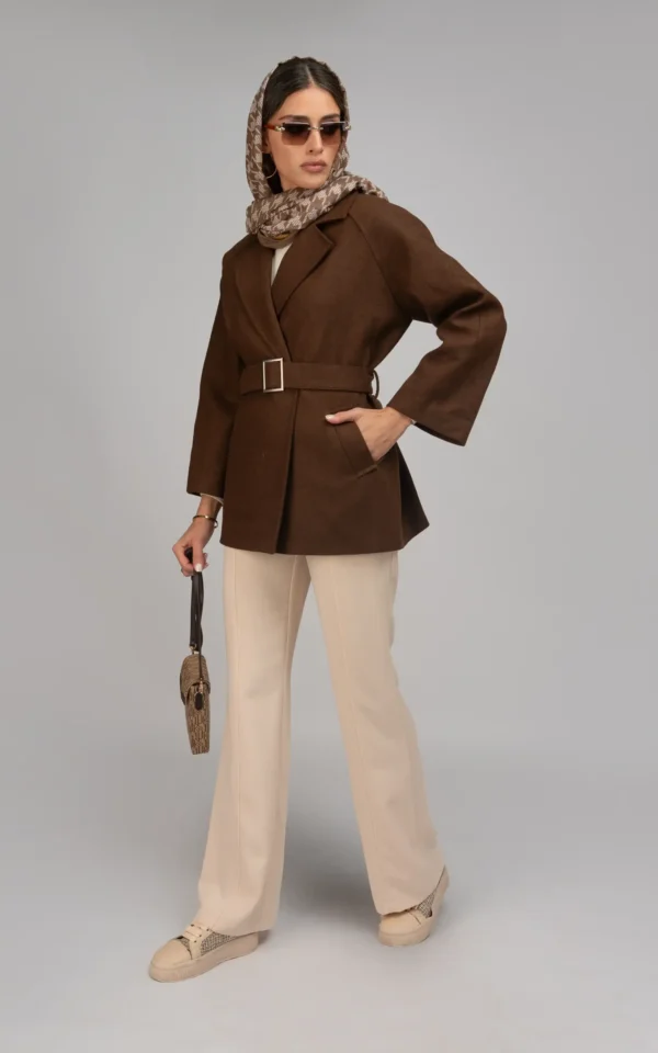 پالتو زنانه قهوه‌ای کمربنددار قهوه‌ای گرم پاییز-زمستانه نوادو