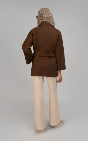 پالتو زنانه قهوه‌ای کمربنددار قهوه‌ای گرم پاییز-زمستانه نوادو