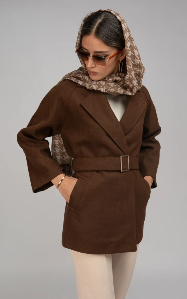 پالتو زنانه قهوه‌ای کمربنددار قهوه‌ای گرم پاییز-زمستانه نوادو