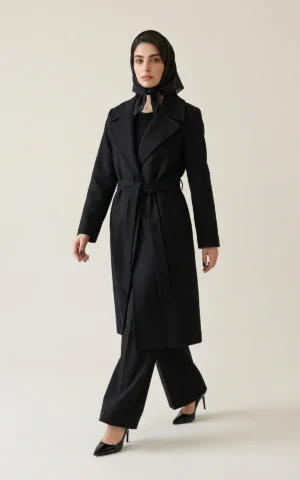 پالتو زنانه مشکی با یقه انگلیسی پهن و کمربند گره‌دار پارچه‌ای نوادو کد 404018061712 - Image 4