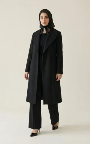 پالتو زنانه مشکی با یقه انگلیسی پهن و کمربند گره‌دار پارچه‌ای نوادو کد 404018061712 - Image 2