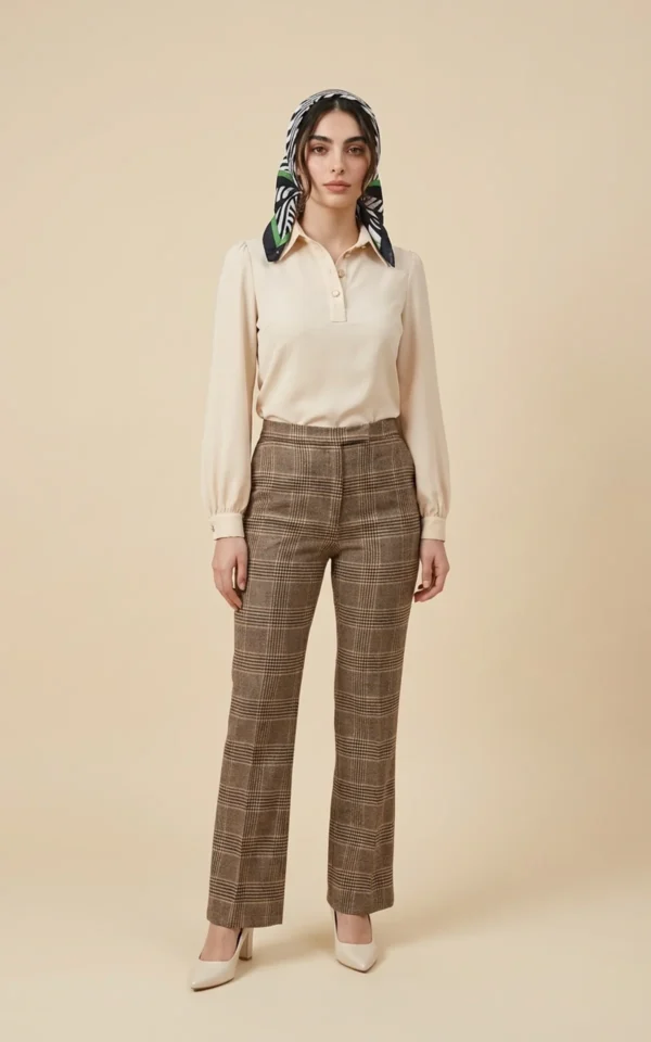 شلوار زنانه چهارخانه قهوه‌ای دمپاگشاد با فاق بلند نوادو کد 404023331656 - Image 3