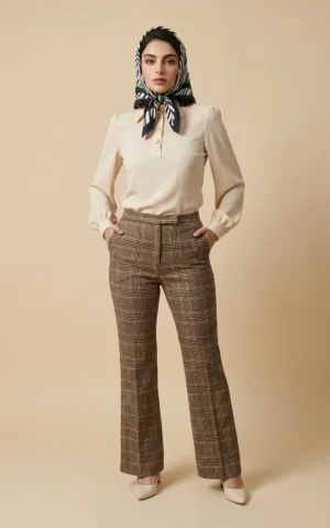 شلوار زنانه چهارخانه قهوه‌ای دمپاگشاد با فاق بلند نوادو کد 404023331656 - Image 2