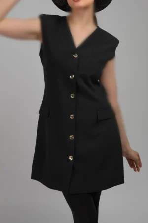 جلیقه زنانه دکمه‌دار بدون آستین پاییز-زمستانه مشکی نوادو