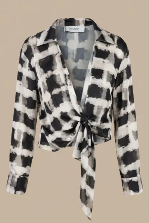 بلوز زنانه چهارخانه گره‌ای با یقه کلاسیک باز نوادو کد 404112061728