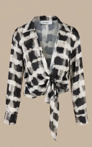 بلوز زنانه چهارخانه گره‌ای با یقه کلاسیک باز نوادو کد 404112061728