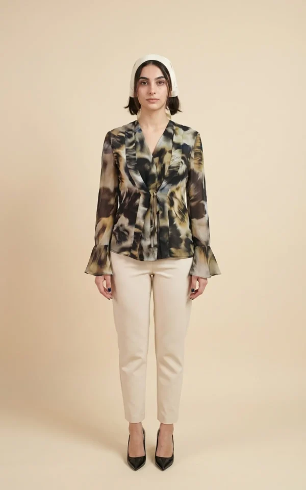 بلوز زنانه طرح‌دار با یقه دالبری و آستین کلوش نوادو کد 404112101810 - Image 3