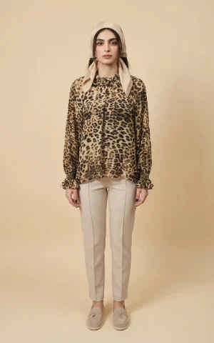 بلوز زنانه با طرح پلنگی، یقه ایستاده چین‌دار نوادو کد 404112191813 - Image 3