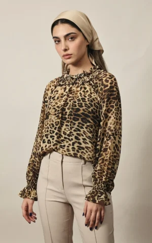 بلوز زنانه با طرح پلنگی، یقه ایستاده چین‌دار نوادو کد 404112191813 - Image 2
