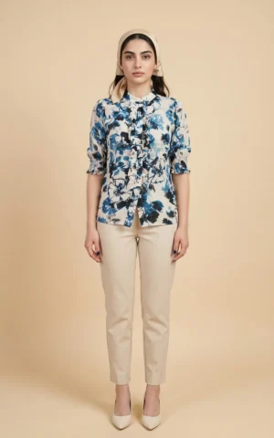 بلوز زنانه آبی سفید طرح‌دار طرح‌گل پاییز-زمستانه شیک آستین سه ربع