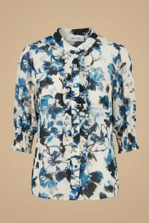 بلوز زنانه آبی سفید طرح‌دار طرح‌گل پاییز-زمستانه شیک آستین سه ربع