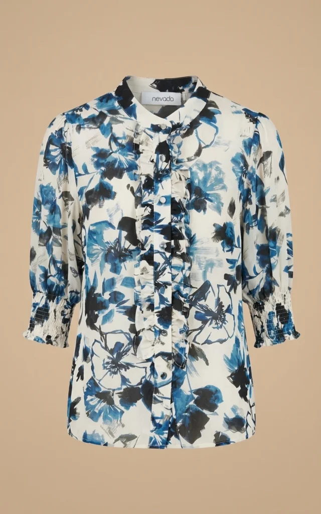 بلوز زنانه آبی سفید طرح‌دار طرح‌گل پاییز-زمستانه شیک آستین سه ربع