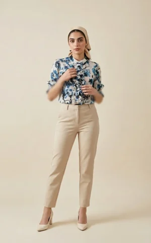 بلوز زنانه آبی سفید طرح‌دار طرح‌گل پاییز-زمستانه شیک آستین سه ربع