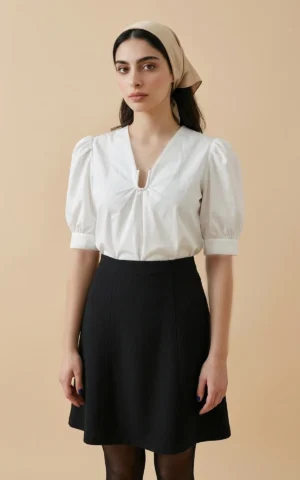 بلوز زنانه سفید آستین کوتاه پاییز-زمستانه نوادو