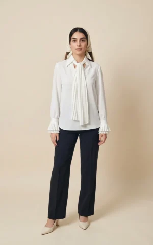 بلوز زنانه سفید با یقه کراواتی پهن و آستین‌های بلند نوادو کد 404112221572 - Image 2