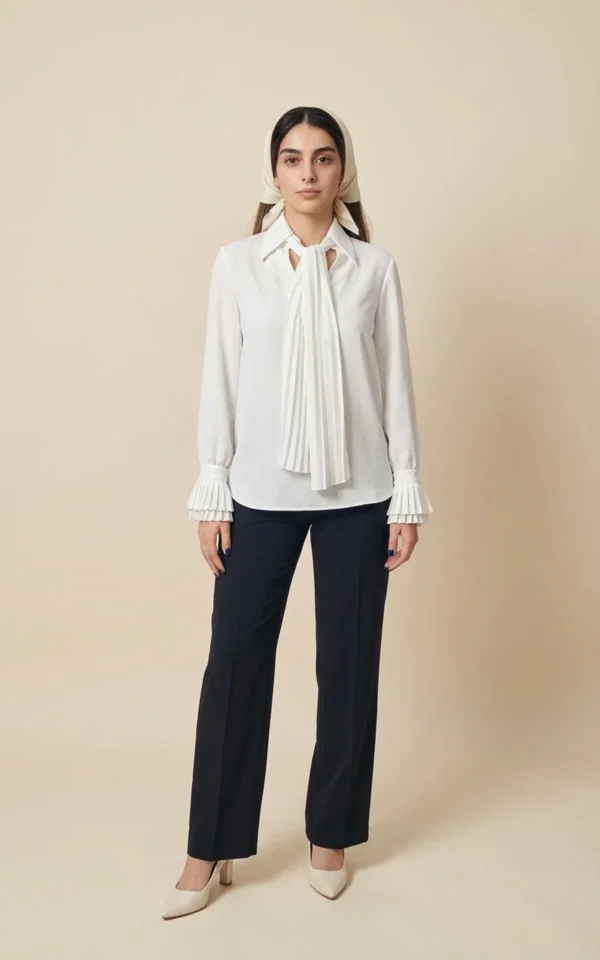 بلوز زنانه سفید با یقه کراواتی پهن و آستین‌های بلند نوادو کد 404112221572 - Image 2