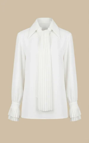 بلوز زنانه سفید با یقه کراواتی پهن و آستین‌های بلند نوادو کد 404112221572