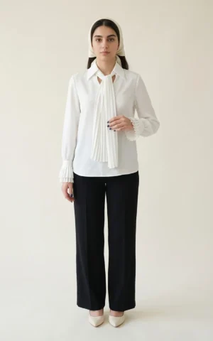 بلوز زنانه سفید با یقه کراواتی پهن و آستین‌های بلند نوادو کد 404112221572 - Image 5