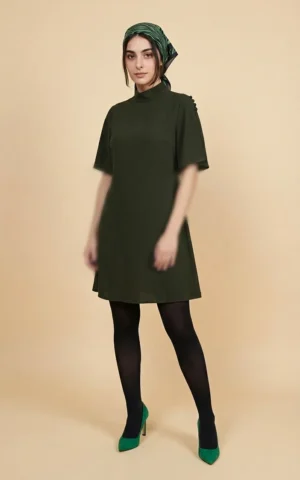 پیراهن زنانه سبز یشمی یقه ایستاده و آستین‌های کلوش نوادو کد 404112241803 - Image 2