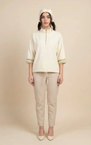بلوز زنانه شیری‌رنگ با یقه ایستاده زیپ‌دار نوادو کد 404112321757 - Image 3