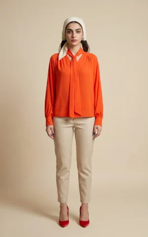 بلوز زنانه نارنجی با یقه کراواتی بلند و آستین‌های مچ‌دار نوادو کد 404112371870 - Image 3
